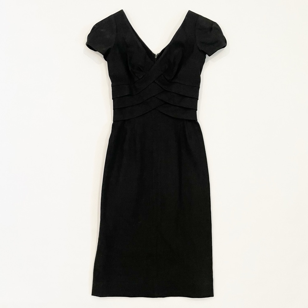 Rebecca Taylor Cross Front V Neck Wool Linen Midi Pencil Dress - Picture 2 of 11